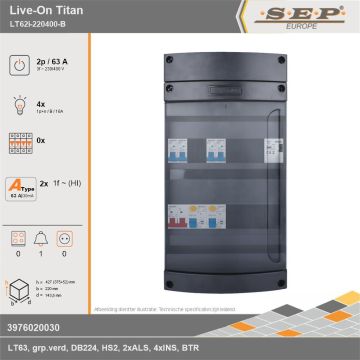 SEP Europe - Live-On Titan, LT62i-220400-B, 63A, 3-fase groepenkast, 4-lichtgroepen, 1-beltrafo, technische gegevens
