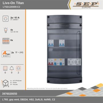 SEP Europe - Live-On Titan, LT62i-220400-C2, 63A, 3-fase groepenkast, 4-lichtgroepen,  2V-contactdoos, technische gegevens