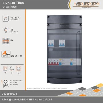 SEP Europe - Live-On Titan, LT62i-400420, 63A, 3-fase groepenkast, 4-lichtgroepen, technische gegevens