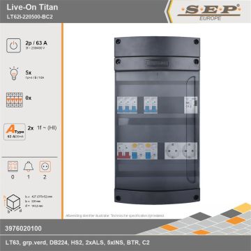 SEP Europe - Live-On Titan, LT62i-220500-BC2, 63A, 3-fase groepenkast, 5-lichtgroepen, 1-beltrafo,  2V-contactdoos, technische gegevens