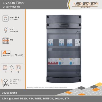 SEP Europe - Live-On Titan, LT62i-400420-FB, 63A, 3-fase groepenkast, 4-lichtgroepen, 1-fornuisgroep, 1-beltrafo, technische gegevens