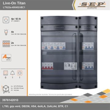 SEP Europe - Live-On Titan, LT622a-400402-BC1, 63A, 3-fase groepenkast, 4-lichtgroepen, 2-krachtgroepen, 1-beltrafo,  1V-contactdoos, technische gegevens
