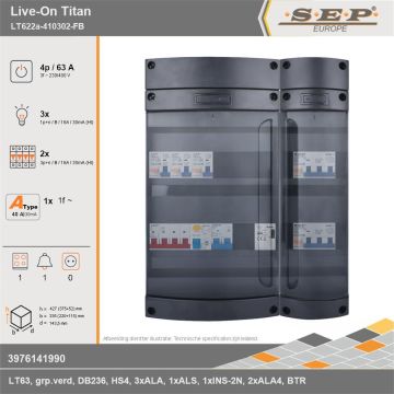 SEP Europe - Live-On Titan, LT622a-410302-FB, 63A, 3-fase groepenkast, 3-lichtgroepen, 2-krachtgroepen, 1-fornuisgroep, 1-beltrafo, technische gegevens