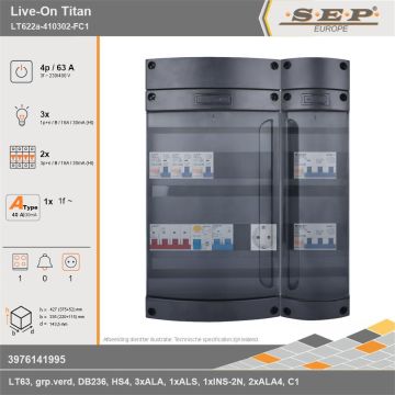 SEP Europe - Live-On Titan, LT622a-410302-FC1, 63A, 3-fase groepenkast, 3-lichtgroepen, 2-krachtgroepen, 1-fornuisgroep,  1V-contactdoos, technische gegevens