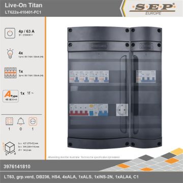 SEP Europe - Live-On Titan, LT622a-410401-FC1, 63A, 3-fase groepenkast, 4-lichtgroepen, 1-krachtgroepen, 1-fornuisgroep,  1V-contactdoos, technische gegevens