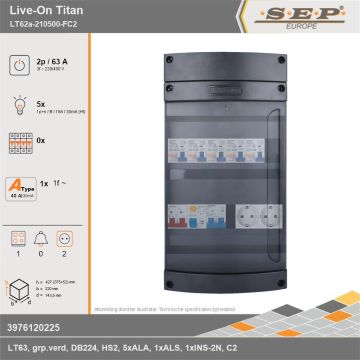 SEP Europe - Live-On Titan, LT62a-210500-FC2, 63A, 3-fase groepenkast, 5-lichtgroepen, 1-fornuisgroep,  2V-contactdoos, technische gegevens