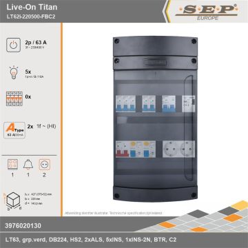 SEP Europe - Live-On Titan, LT62i-220500-FBC2, 63A, 3-fase groepenkast, 5-lichtgroepen, 1-fornuisgroep, 1-beltrafo,  2V-contactdoos, technische gegevens