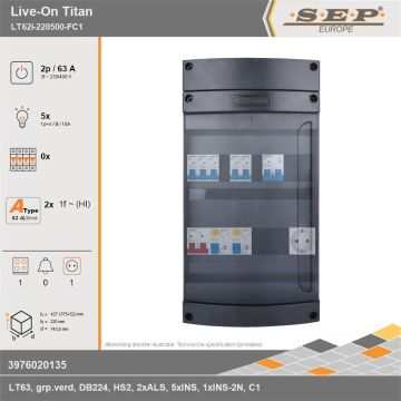 SEP Europe - Live-On Titan, LT62i-220500-FC1, 63A, 3-fase groepenkast, 5-lichtgroepen, 1-fornuisgroep,  1V-contactdoos, technische gegevens