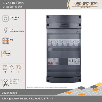 SEP Europe - Live-On Titan, LT62a-200700-BC1, 63A, 3-fase groepenkast, 7-lichtgroepen, 1-beltrafo,  1V-contactdoos, technische gegevens