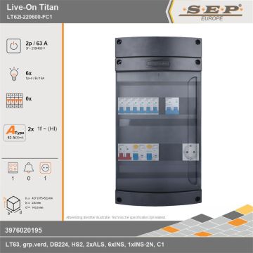 SEP Europe - Live-On Titan, LT62i-220600-FC1, 63A, 3-fase groepenkast, 6-lichtgroepen, 1-fornuisgroep,  1V-contactdoos, technische gegevens