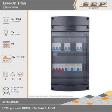 SEP Europe - Live-On Titan, LT62i-430700, 63A, 3-fase groepenkast, 7-lichtgroepen, technische gegevens