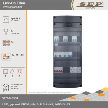 SEP Europe - Live-On Titan, LT63i-430600-FC2, 63A, 3-fase groepenkast, 6-lichtgroepen, 1-fornuisgroep,  2V-contactdoos, technische gegevens