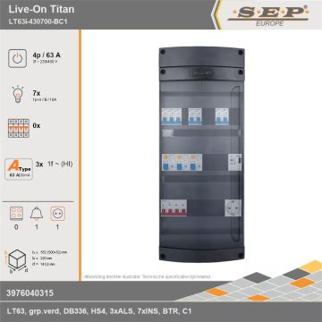 SEP Europe - Live-On Titan, LT63i-430700-BC1, 63A, 3-fase groepenkast, 7-lichtgroepen, 1-beltrafo,  1V-contactdoos, technische gegevens