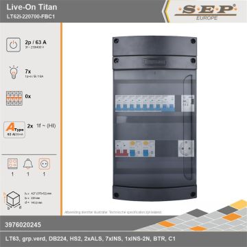 SEP Europe - Live-On Titan, LT62i-220700-FBC1, 63A, 3-fase groepenkast, 7-lichtgroepen, 1-fornuisgroep, 1-beltrafo,  1V-contactdoos, technische gegevens