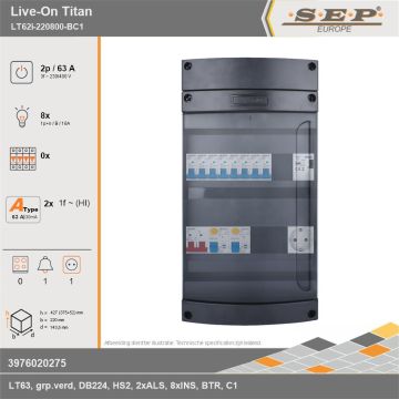 SEP Europe - Live-On Titan, LT62i-220800-BC1, 63A, 3-fase groepenkast, 8-lichtgroepen, 1-beltrafo,  1V-contactdoos, technische gegevens