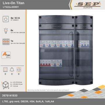 SEP Europe - Live-On Titan, LT622a-400801, 63A, 3-fase groepenkast, 8-lichtgroepen, 1-krachtgroepen, technische gegevens