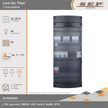 SEP Europe - Live-On Titan, LT63i-230900-B, 63A, 3-fase groepenkast, 9-lichtgroepen, 1-beltrafo, technische gegevens