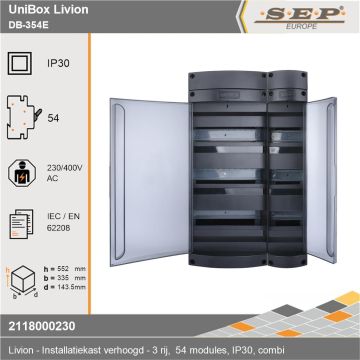 SEP Livion DB-354E groepenkast met transparante deur en voorzien van technische gegevens