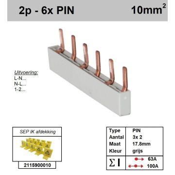 Schotman Elektro - SEP aansluitrail 2 fase PIN 3x2 aansluitingen 17.8mm