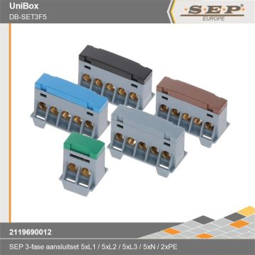 SEP Europe aftakblokset voor 3-fase verdelers, set L1-L2-L3-N-PE met bruin, zwart, grijs, blauw en groen aansluitblokken – model DB-SET3F5 - details