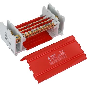 SEP Europe R412/160H verdeelblok 160A 4-polig hoge uitvoering – externe messing aansluitrail zichtbaar met rode kap verwijderd