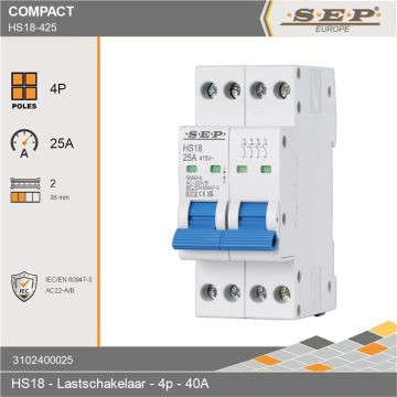 SEP Europe HS18-425 lastschakelaar 4P 25A met technische specificaties