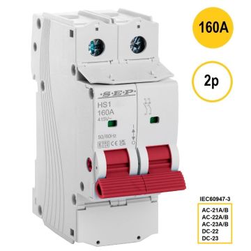 2-polige hoofdschakelaar SEP HS1-2160 (160A) met rode bedieningshendel – artikelnummer 3110000140, EAN 8718959028472 – classificaties AC-21A/B t/m AC-23A/B conform IEC 60947-3