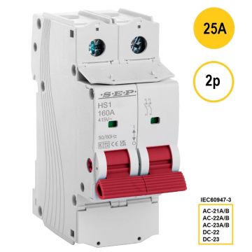 2-polige hoofdschakelaar SEP HS1-2025 (25A) met rode bedieningshendel – artikelnummer 3110000080, EAN 8718959028410 – classificaties AC-21A/B t/m AC-23A/B conform IEC 60947-3