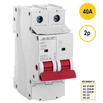 2-polige hoofdschakelaar SEP HS1-2040 (40A) met rode bedieningshendel – artikelnummer 3110000090, EAN 8718959028427 – classificaties AC-21A/B t/m AC-23A/B conform IEC 60947-3
