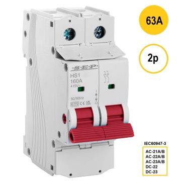2-polige hoofdschakelaar SEP HS1-2063 (63A) met rode bedieningshendel – artikelnummer 3110000100, EAN 8718959028434 – classificaties AC-21A/B t/m AC-23A/B conform IEC 60947-3