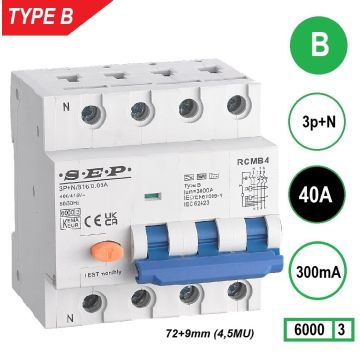 Schotman Elektro B.V. - SEP RCMB type B aardlekautomaat, 3p+n, B, 40A, 300mA, 6kA