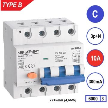 Schotman Elektro B.V. - SEP RCMB type B aardlekautomaat, 3p+n, C, 10A, 300mA, 6kA