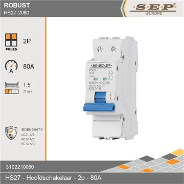 SEP Europe Robust HS27 2-polige hoofdschakelaar 80A AC-23A/B met blauwe bedieningshendel