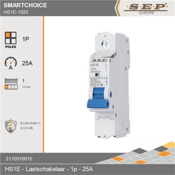 SEP Europe SmartChoise HS1E 1-polige hoofdschakelaar / lastschakelaar 25A met blauwe bedieningshendel