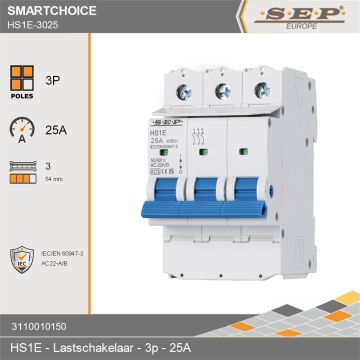 SEP Europe SmartChoise HS1E 3-polige hoofdschakelaar / lastschakelaar 25A met blauwe bedieningshendel