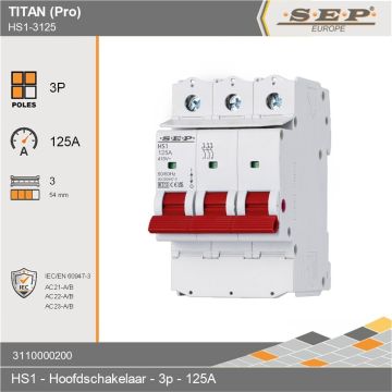 SEP Europe Titan (Pro) HS1 3-polige hoofdschakelaar 125A met rode bedieningshendel, 3 modules (54 mm)